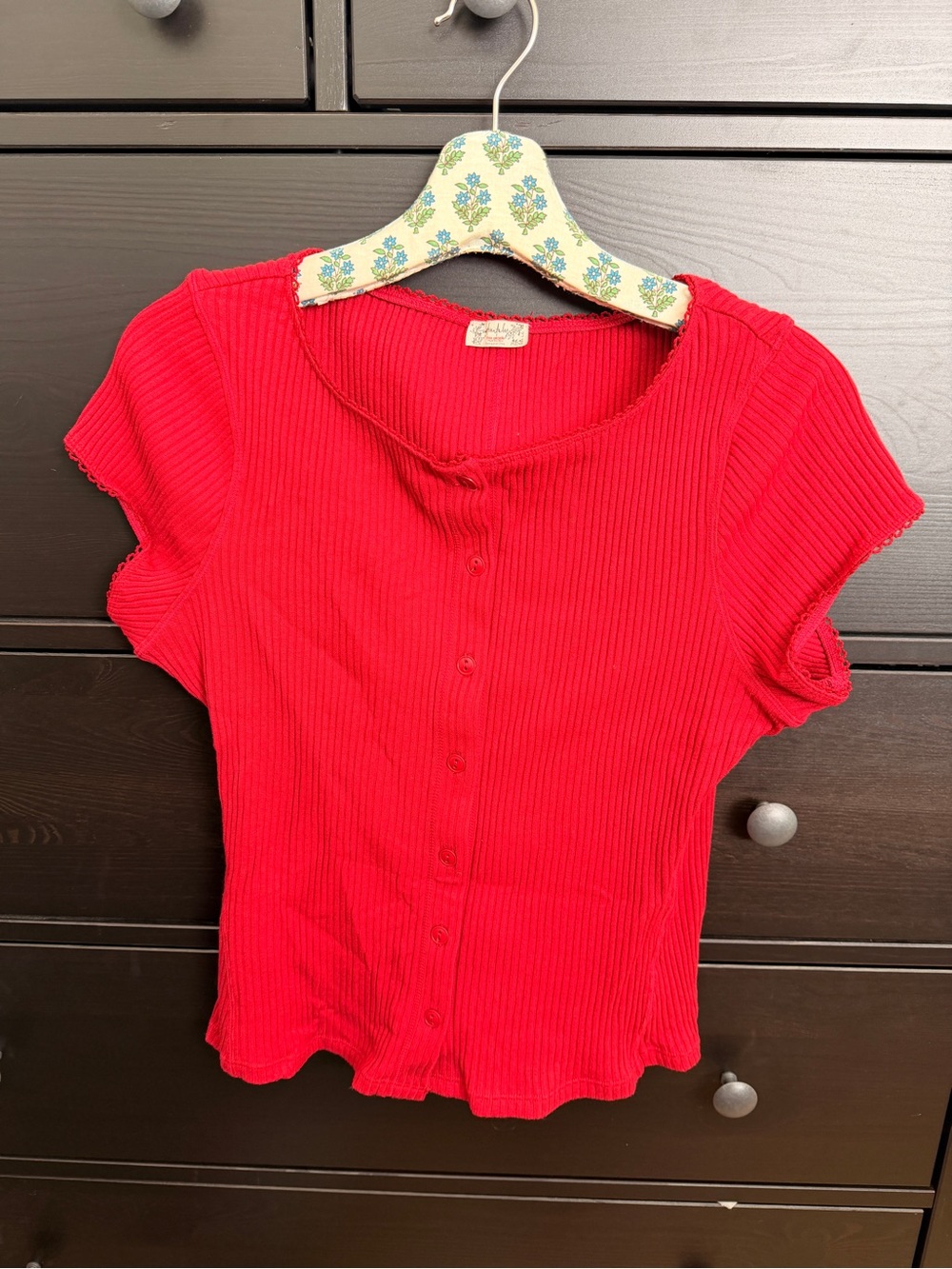 Free People Vibrant Red Ribbed Button-Front Top